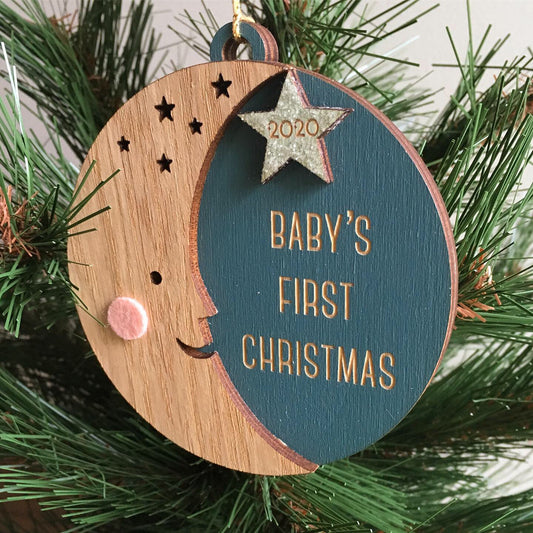 Baby's First Christmas Moon Ornament - Tree by Kerri Lee