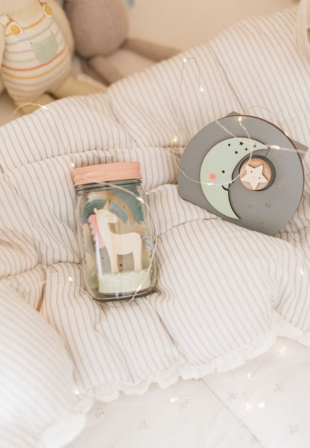 Our unicorn mason jar solar light is a magical nightlight and our over the moon music box plays twinkle, twinkle little star - both sweet decor for a nursery or child's room